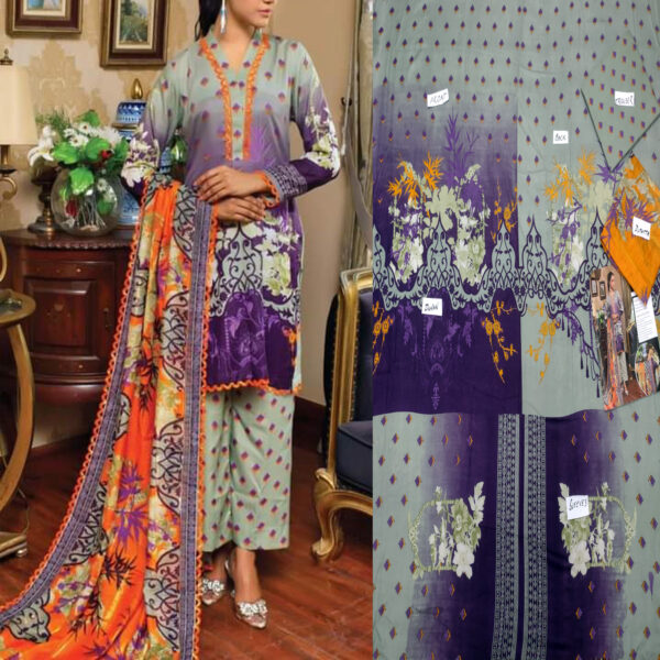 Fancy Printed Lawn Unstitched 3 Piece Suit Best for Girls  & women - Art# SS - FPL - LC - SL9000-03 - UF - Image 3